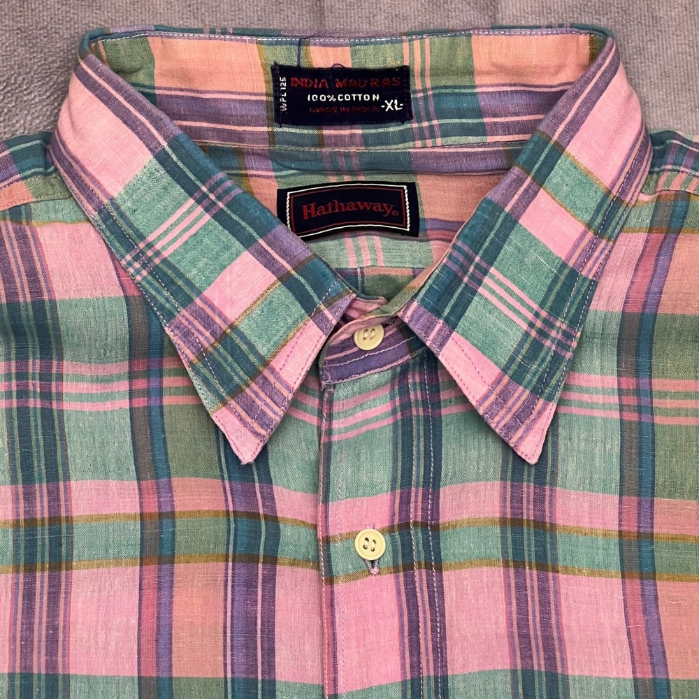 Hathaway India Madras Shirt Mens XL Pink Green Plaid Short Sleeve Excellent